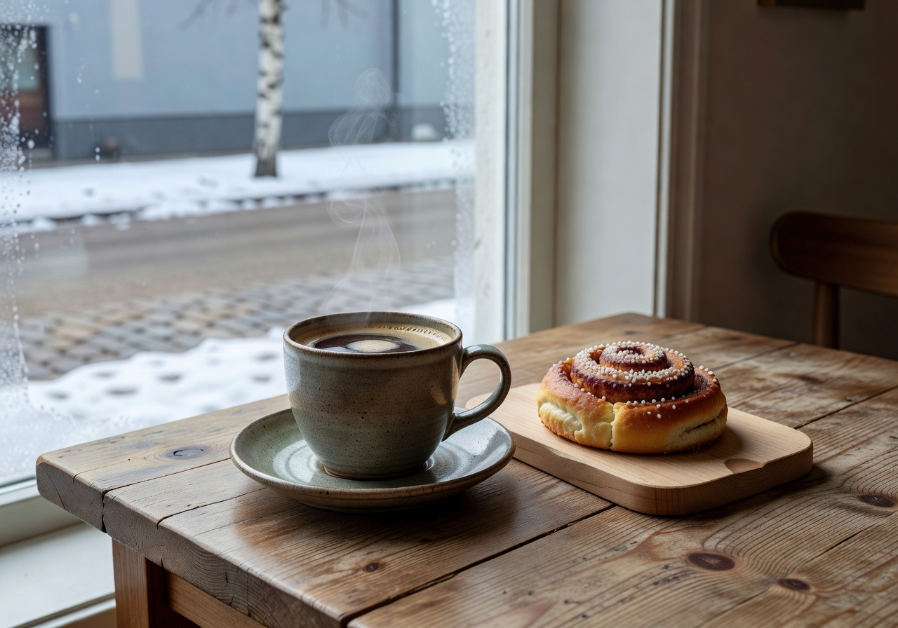 Aesthetic coffee cup and pastry representing Finnish cafe culture