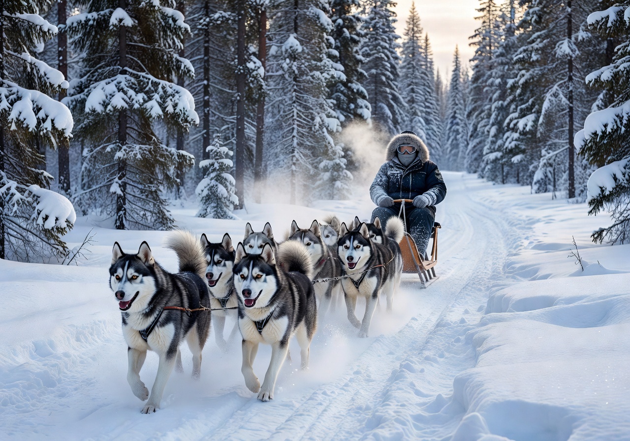 Husky dog sledding adventure in snowy winter forest