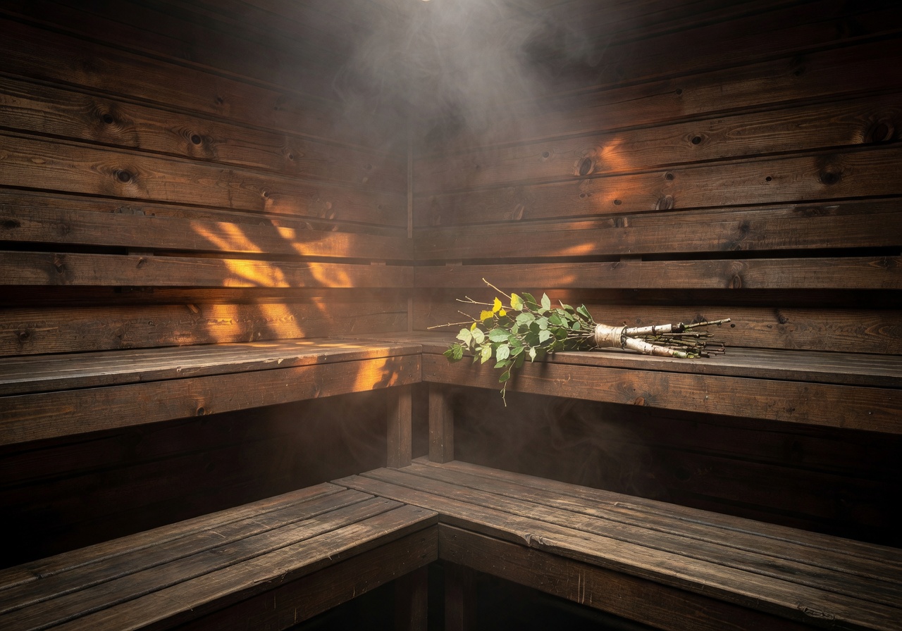 Inside a traditional dark wood Finnish sauna
