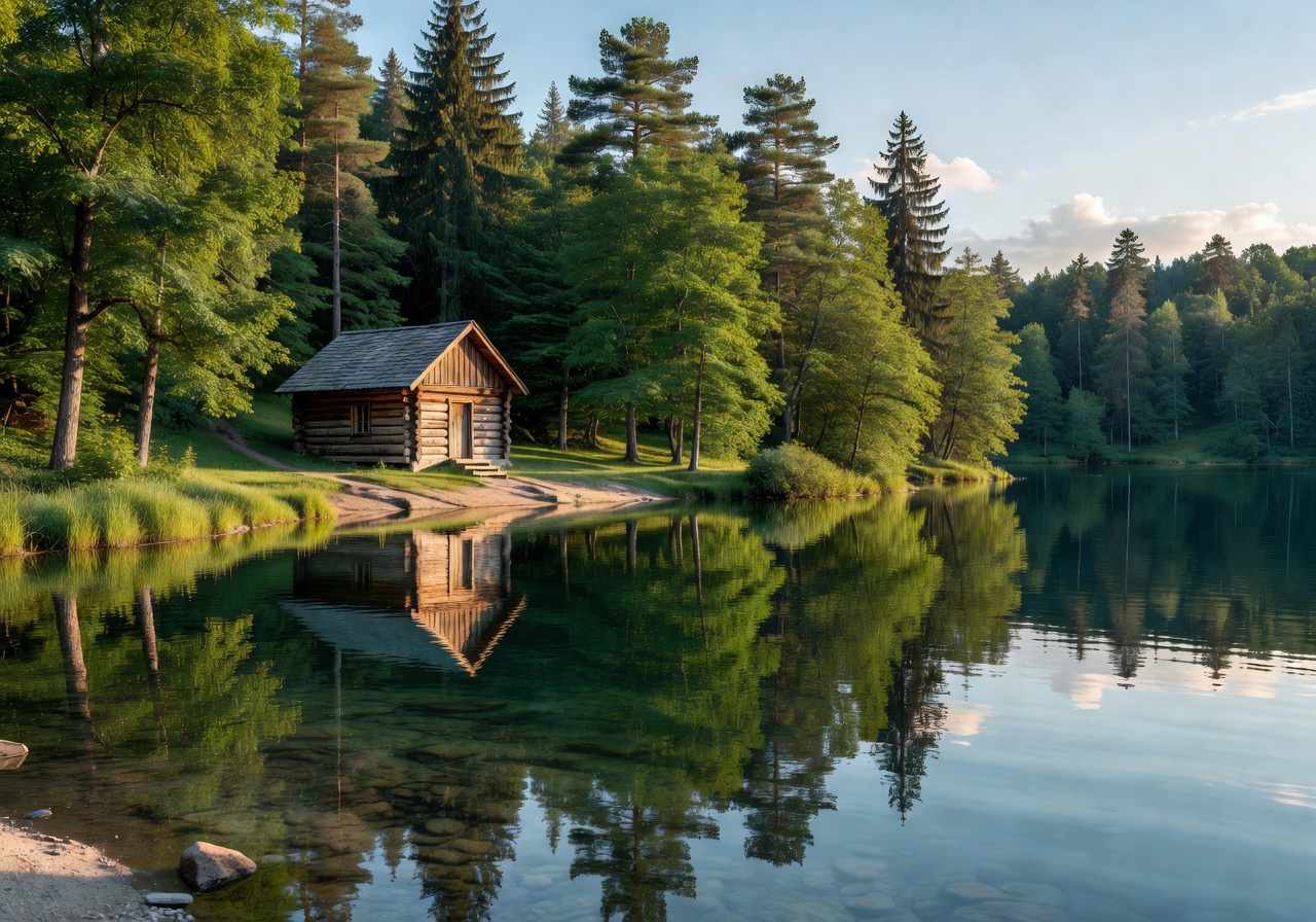 Peaceful summer lake and wooden cabin surrounded by green trees