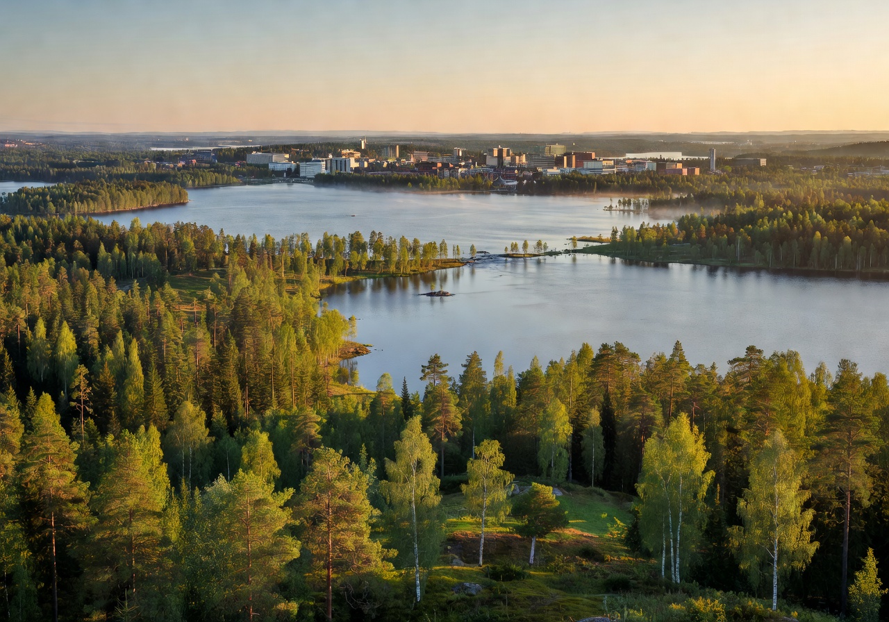 Scenic view of lakes and forests surrounding Tampere city