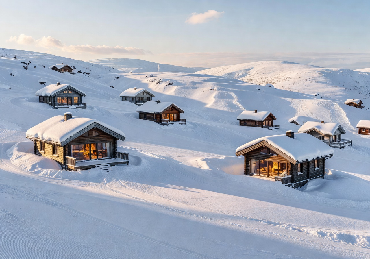 Snow covered slopes and luxury cabins at Levi ski resort