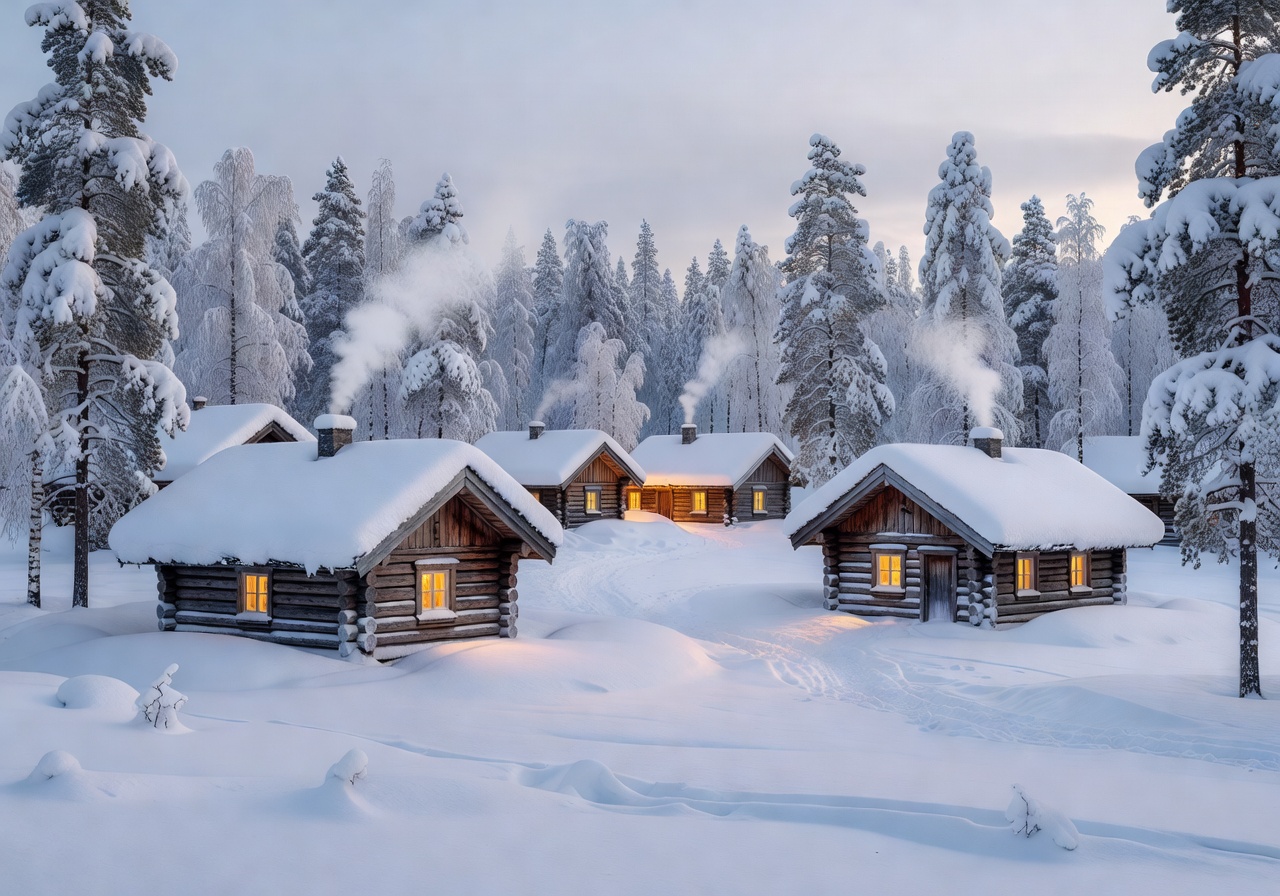 Snowy winter landscape and cozy cabins in Rovaniemi, Lapland